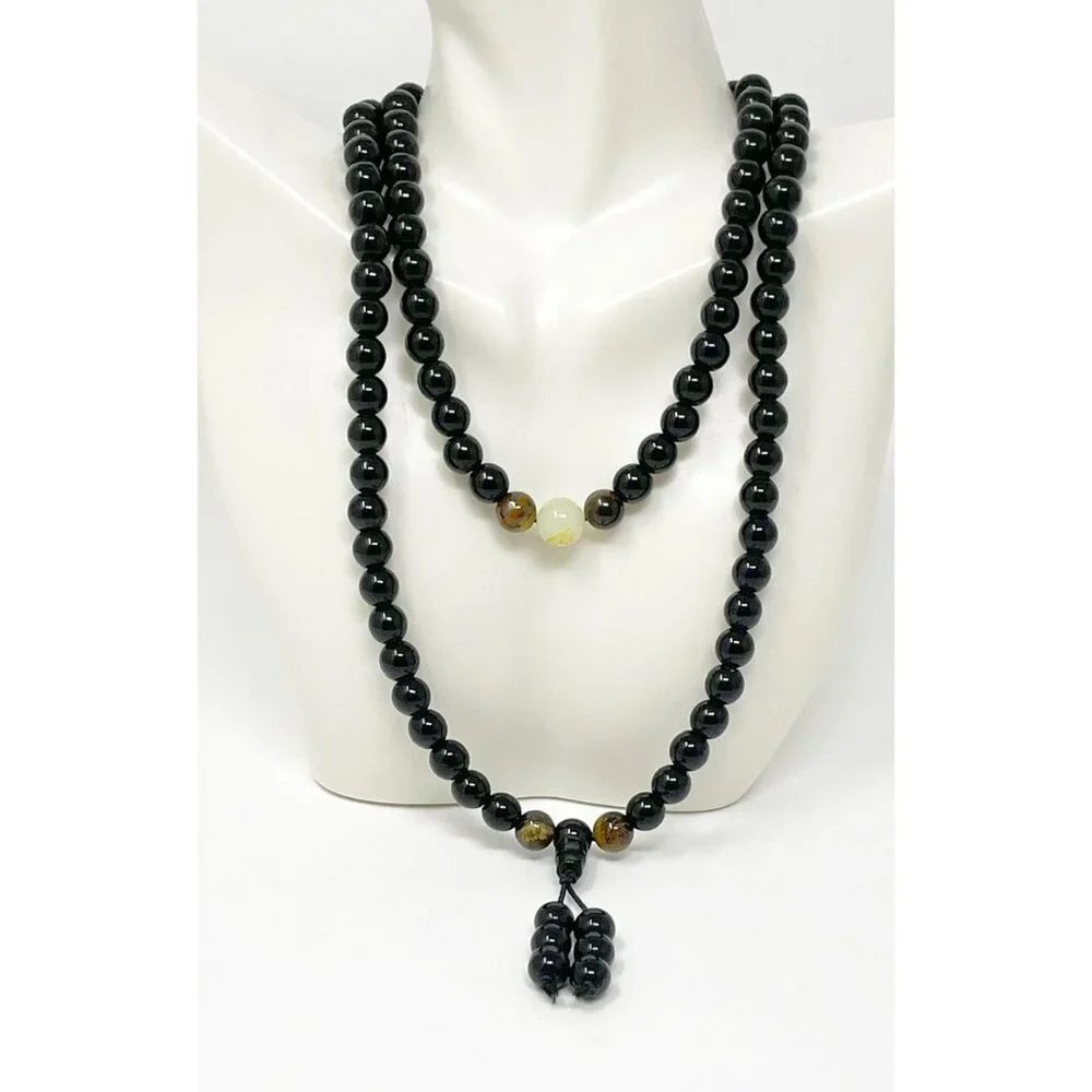 Black Beaded Mala Necklace with Tiger Eye & Gold Script Bead – 36” Prayer Beads